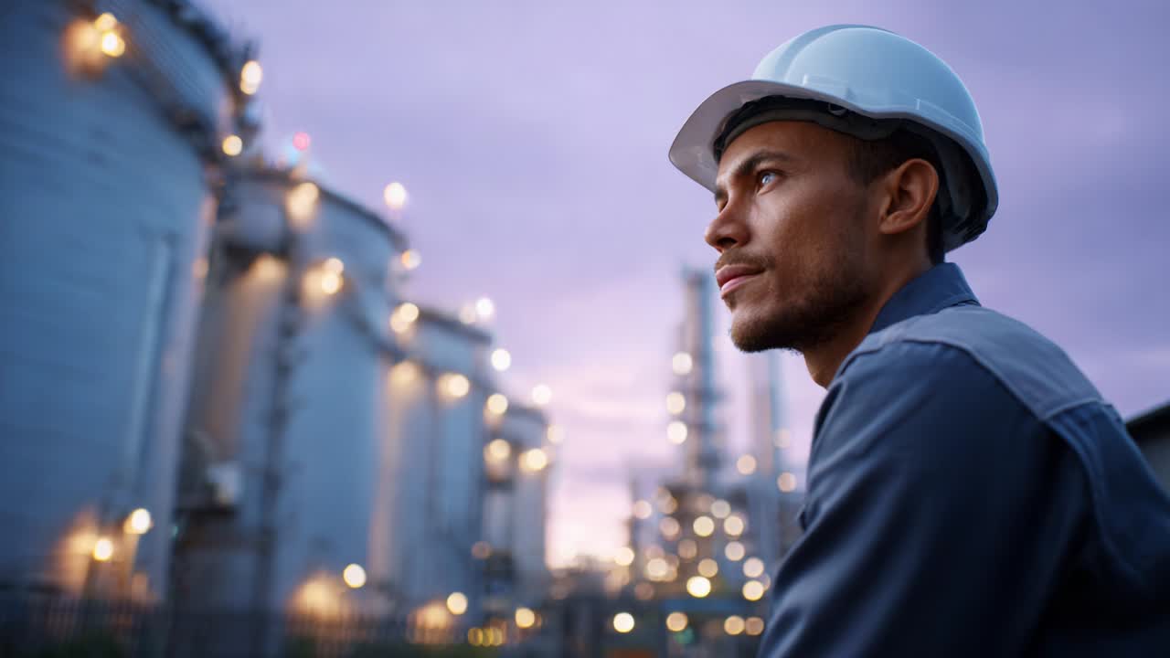 A Thoughtful Engineer in a Safety Helmet Stares into the Dusk at an Industrial Facility, Illuminated by Soft Glowing Lights, Reflecting on His Work and Responsibilities in a Dynamic Manufacturing Environment