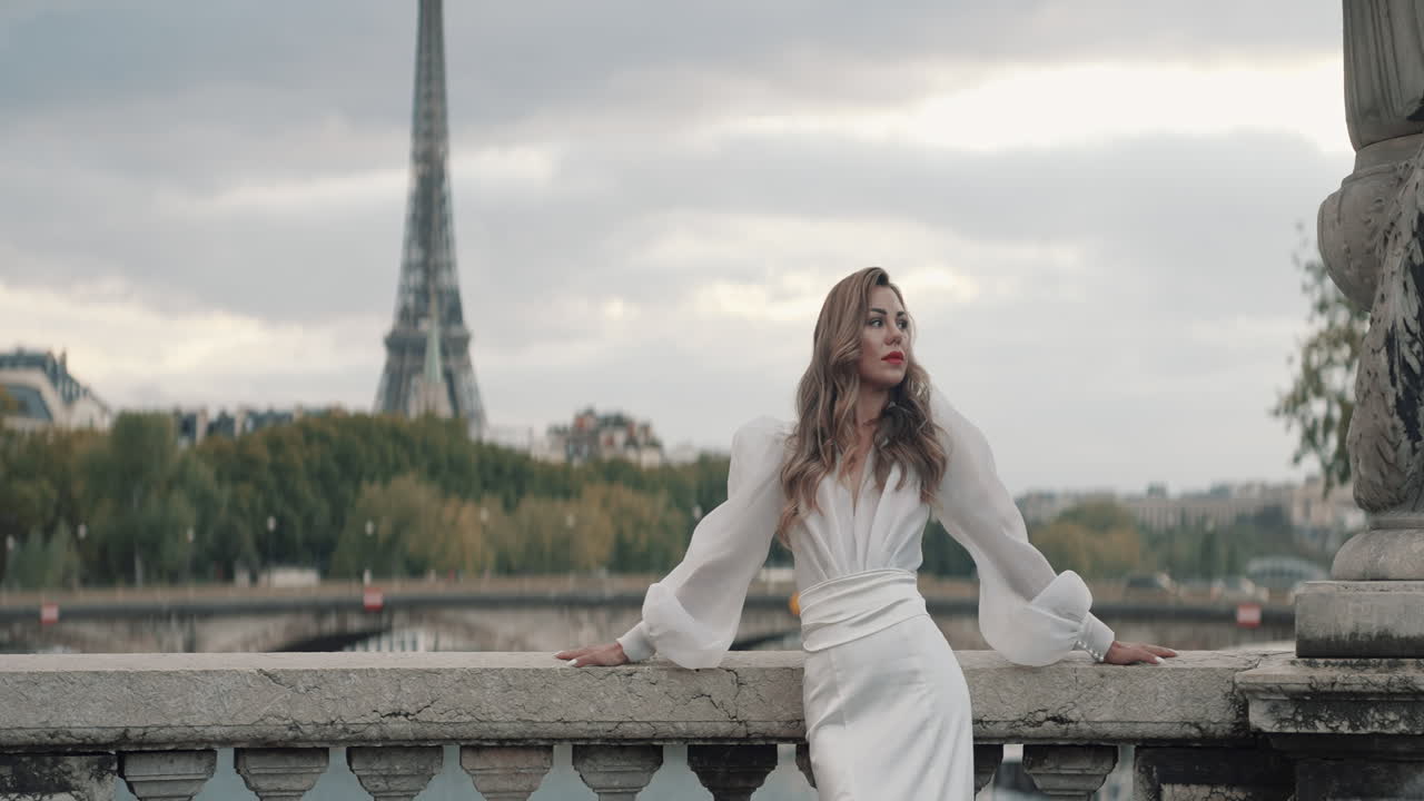 Elegant Woman in White Dress in Paris