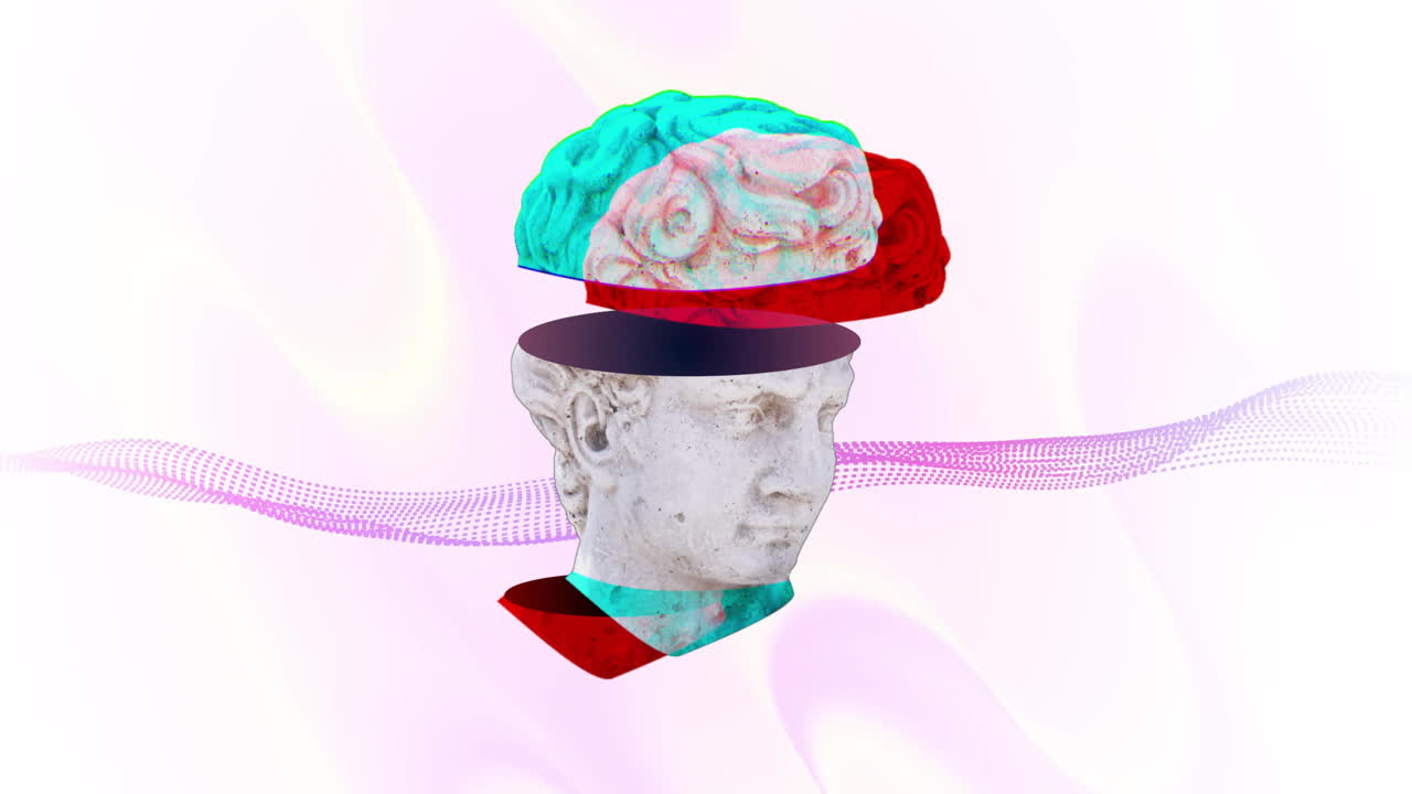 Animation of ancient sculpture head moving over waving multi coloured background