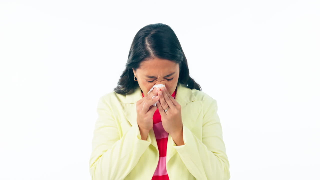 enfermo, mujer y soplar la nariz en el estudio por el frío