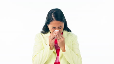 sick, woman and blowing nose in studio for cold