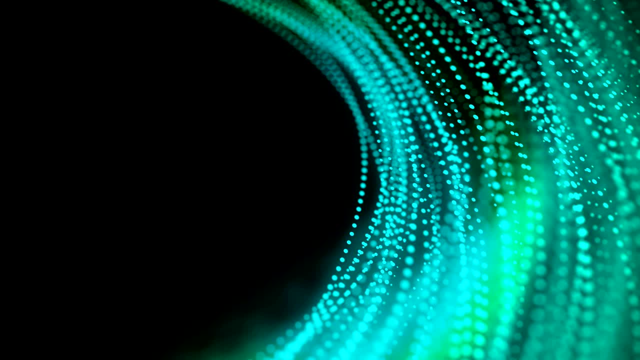 Abstract moving dot line lighting pattern blue and green gradient color circle shape, fiber optic network concept design glowing in the dark background, seamless looping animation 4K with copy space