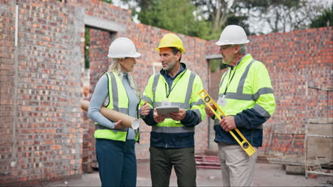 construction workers discussing plans at a building site