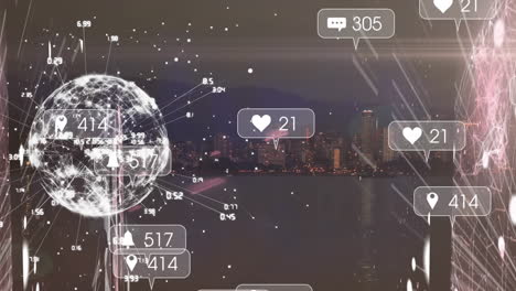 animación de iconos de medios y procesamiento de datos sobre el paisaje urbano y el globo