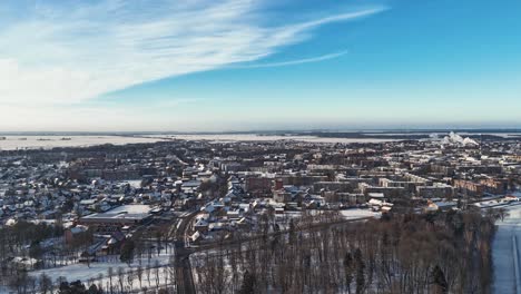 City-of-Silute-in-Lithuania-in-winter,-Smoke-fumes-coming-out-of-Industrial-buildings-in-the-city,-Germany