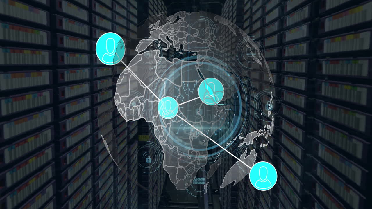 animación de conexiones con iconos y procesamiento de datos digitales a través de servidores informáticos