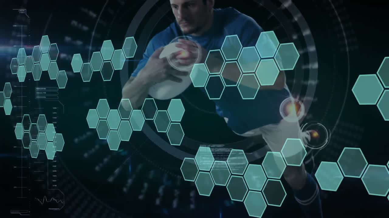 Animation of data processing over caucasian male rugby player