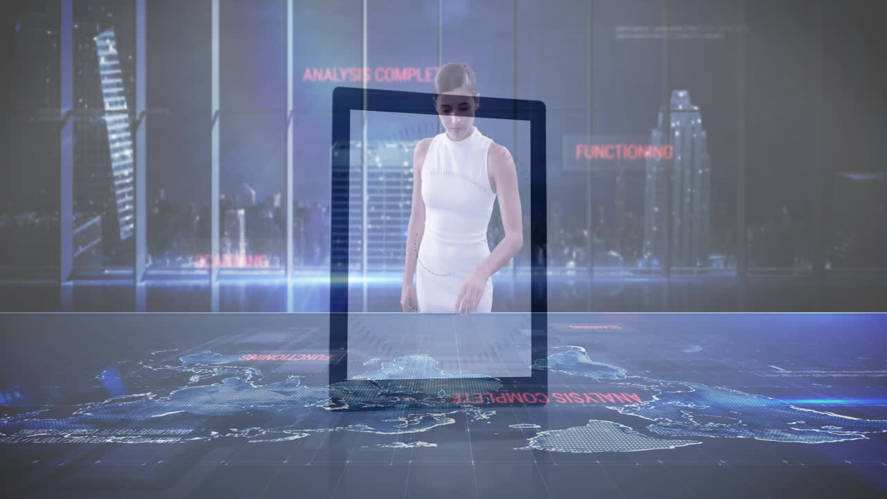 Displaying futuristic animation, digital interface over world map and cityscape background