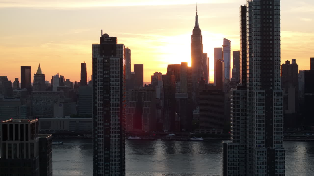 Aerial view of New York City's Financial District. Shot at sunset