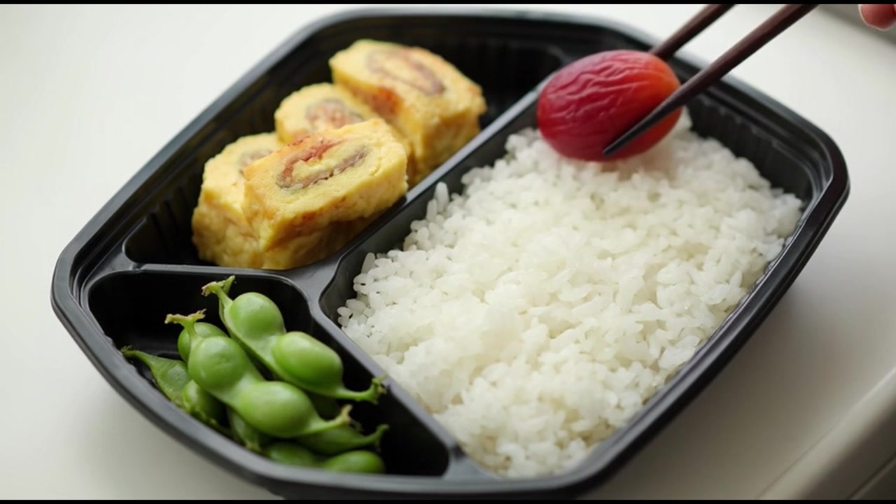 Person isst mit Essstäbchen ein japanisches Bento-Box-Mittagessen.