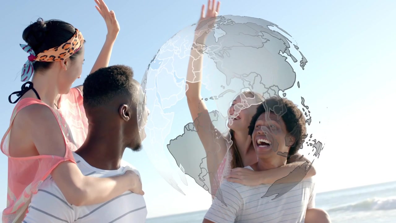 Uomini che trasportano donne sulla schiena, si girano e si danno il cinque mentre un globo li sorvola per uno spot pubblicitario di viaggi.