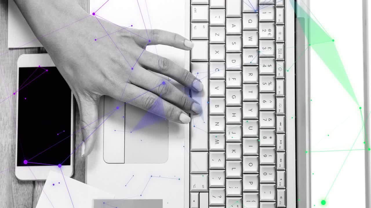 On pulsing polygons left hand adjusting fingertips on trackpad visualizing data with shapes fading