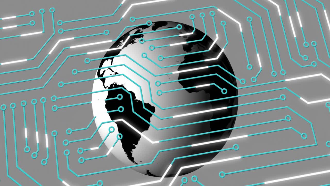 Animation of circuit board pattern and rotating globe over gray background