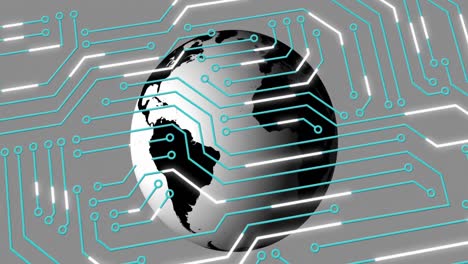 animation of circuit board pattern and rotating globe over gray background