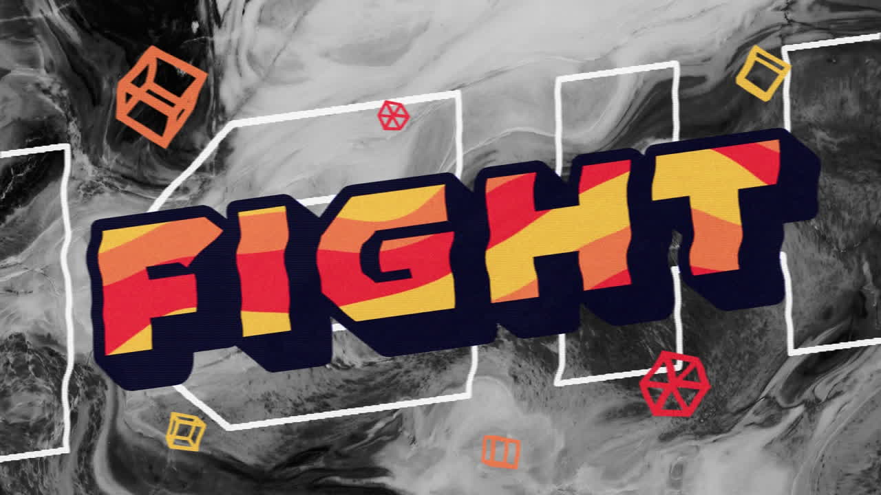 오렌지색과 검은색의 텍스트 싸움의 애니메이션, 검은색과 회색의 소용돌이 위에서