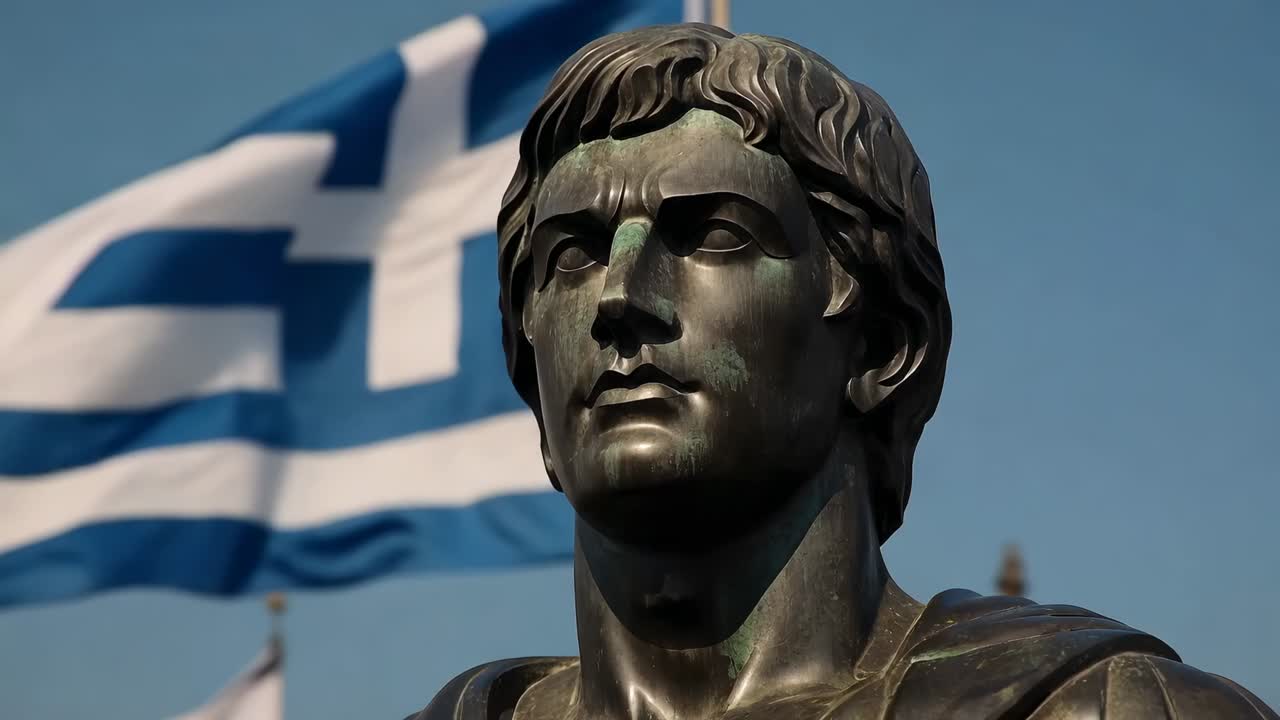 Zoom-Kamera, die ein Gesicht auf einer bronzefarbenen Statue auf einem Platz zeigt, Windböen lassen eine gestreifte Flagge wehen