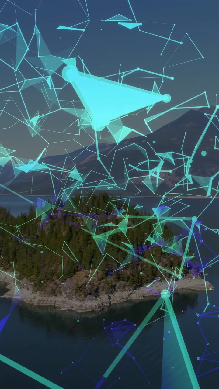 Vertical video: On start turquoise polygonal net shifting, condensing over island showing data flow