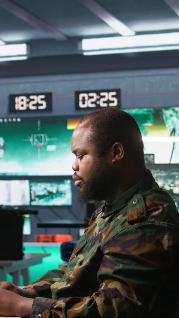 Vertical video Intelligence agent in base of operations completes mission during World War 3