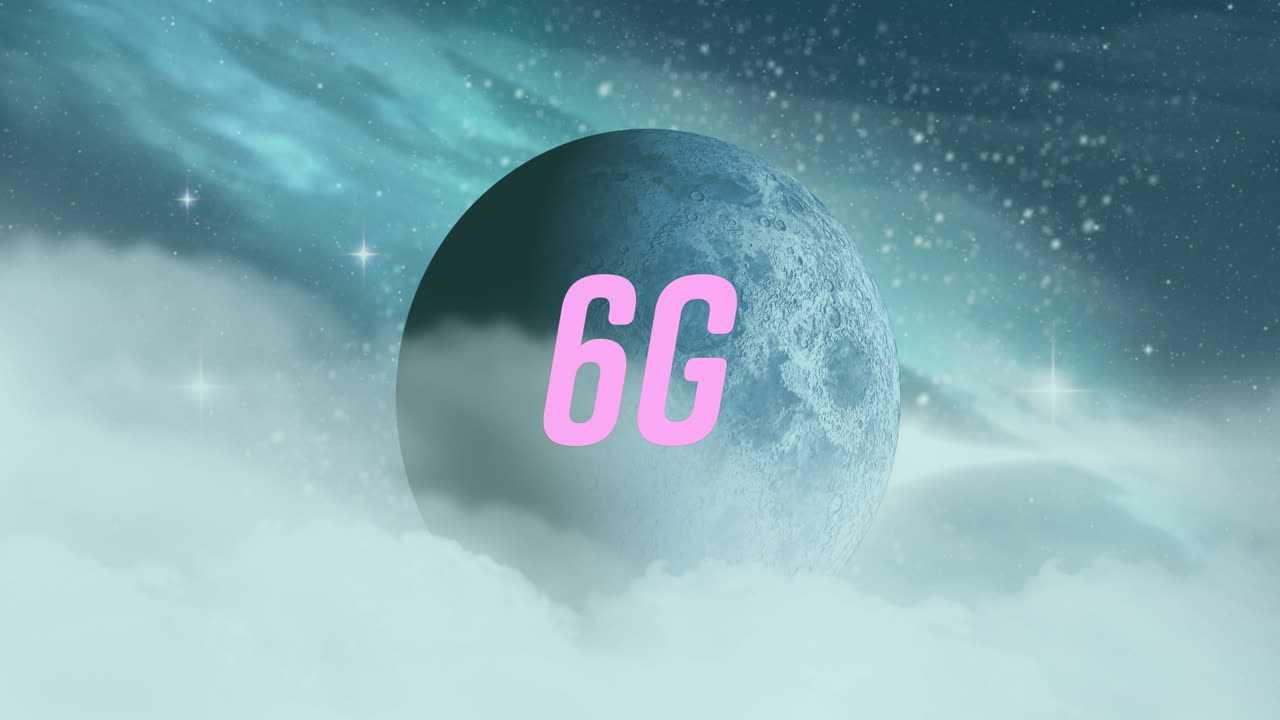 animación de un banner de texto de 6g contra un planeta en el espacio
