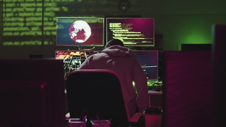 Hacker criminale in ufficio buio