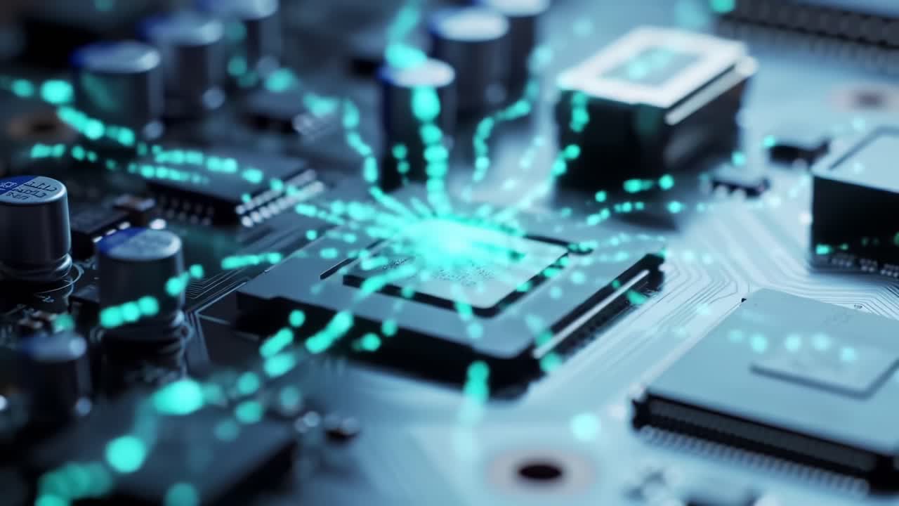 Exploring the Intricate Design of a Circuit Board with Dynamic Light Patterns Representing Data Flow in a Modern Computing Environment