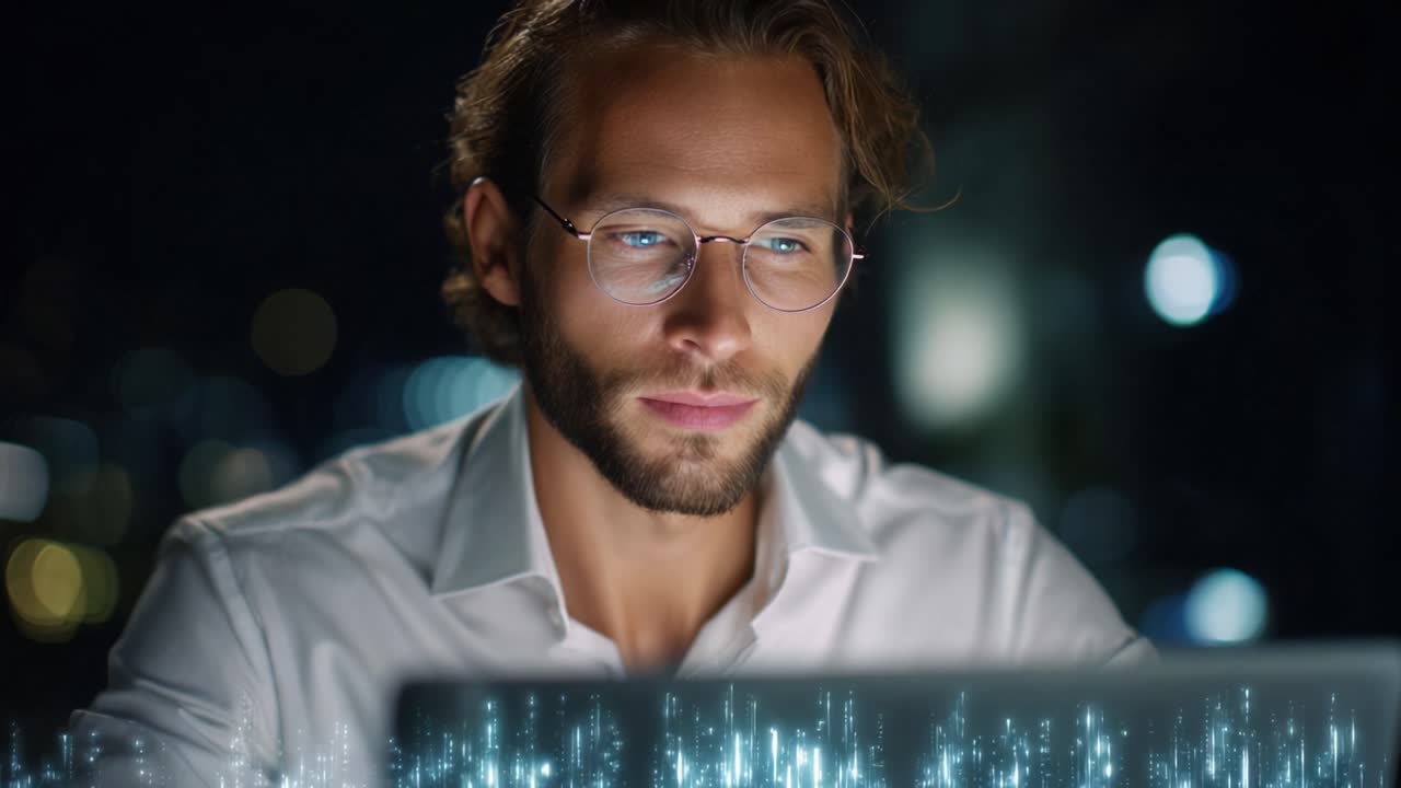 Focused Individual Working Late at Night on Laptop Displaying Digital Analysis with Glowing Lines Against a Dark Urban Background in Modern Office Environment