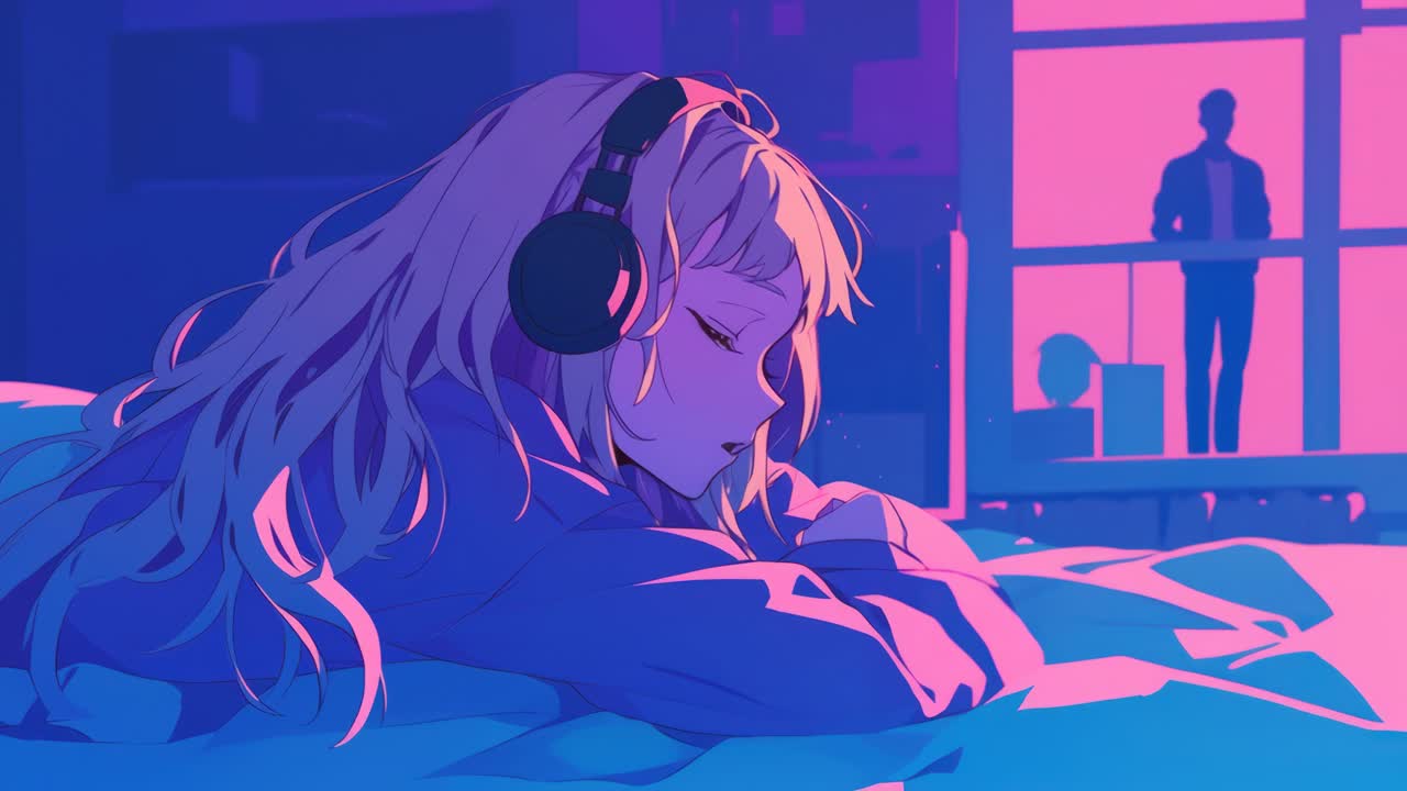 Scena in stile anime di una ragazza con le cuffie sdraiata su un letto, immersa in sfumature viola e rosa.