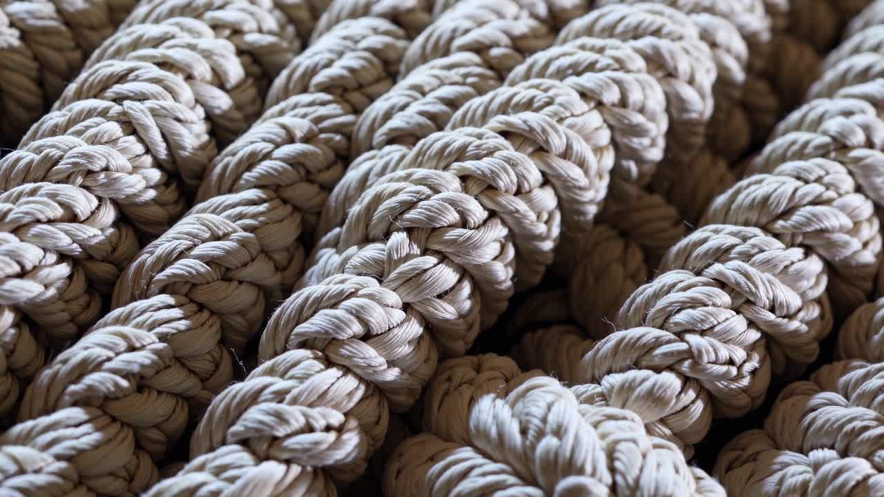 Capturing the intricate weaving of ropes, highlighting the craftsmanship involved while creating a stunning pattern of textures and shadows in a close up view
