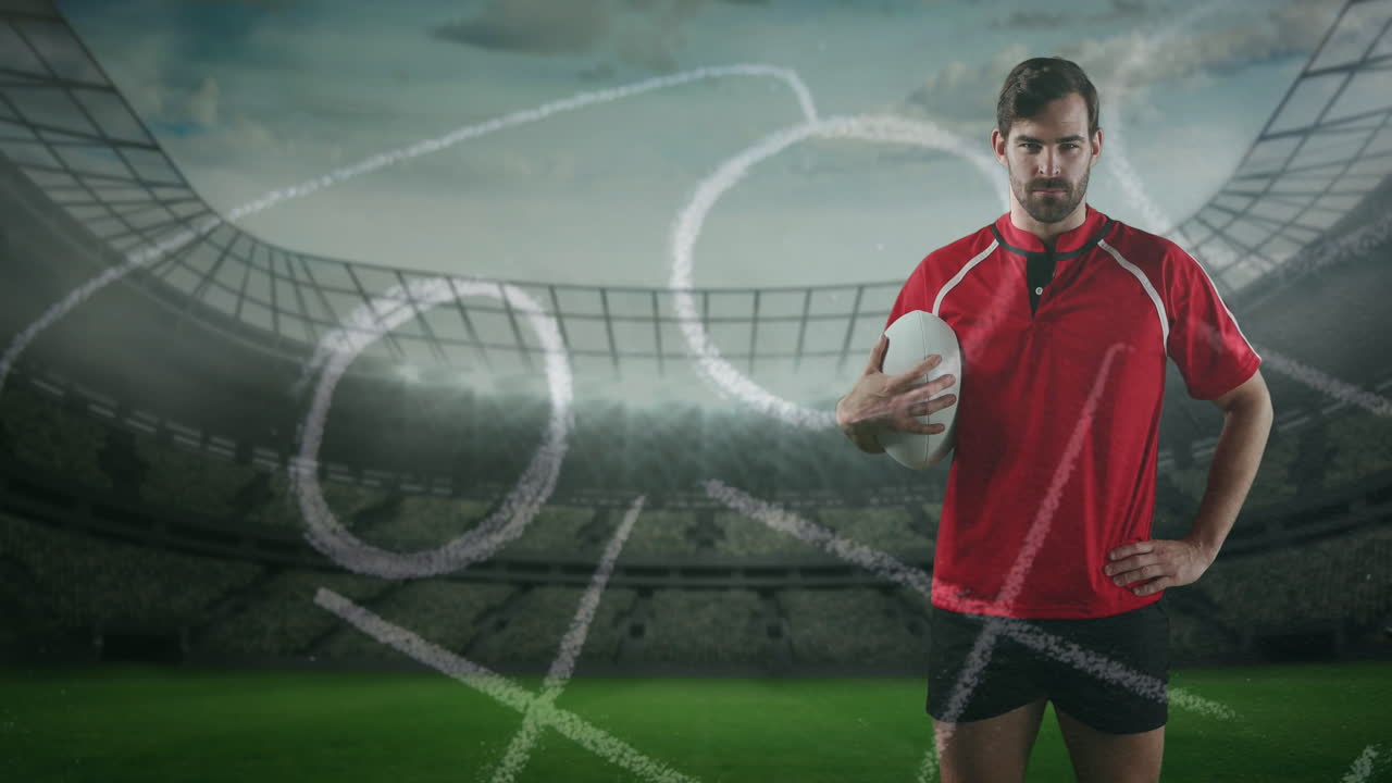프로 럭비 선수 가 스포츠 경기장 앞 에 서 있는 4k