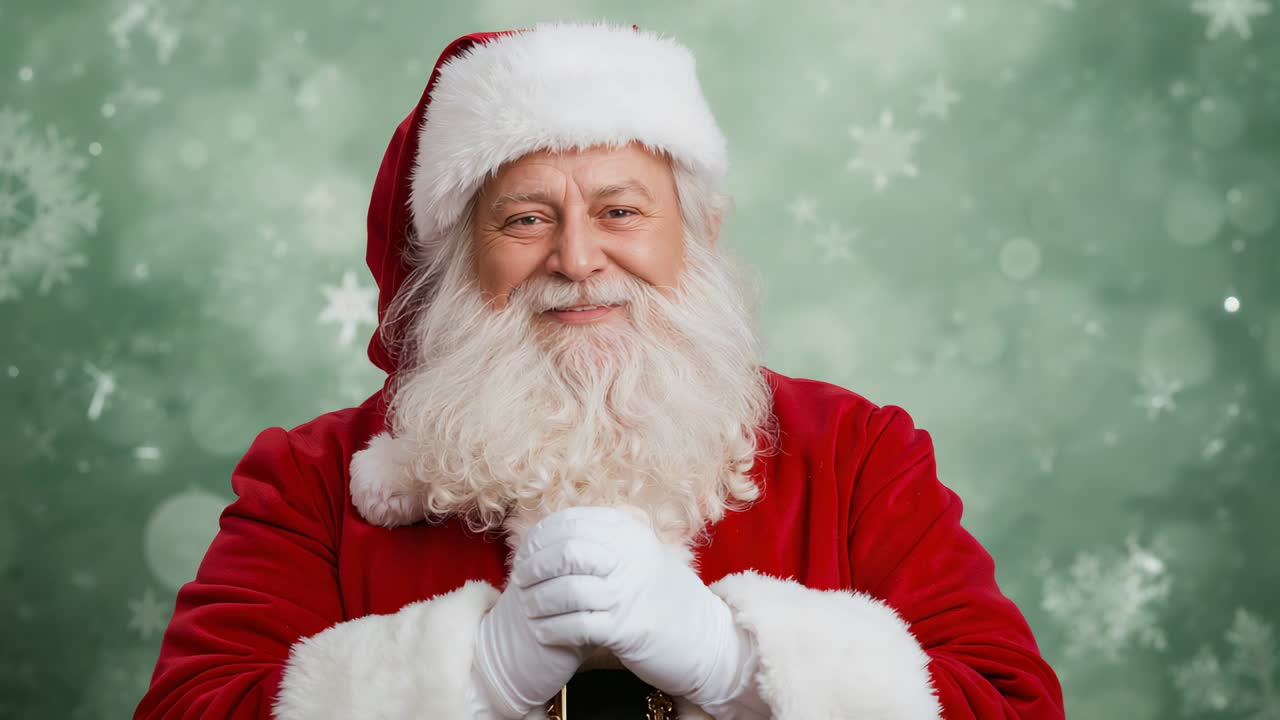 Camera starting, Santa posing in studio, lowering hands and relaxing smile, showing belt and gloves