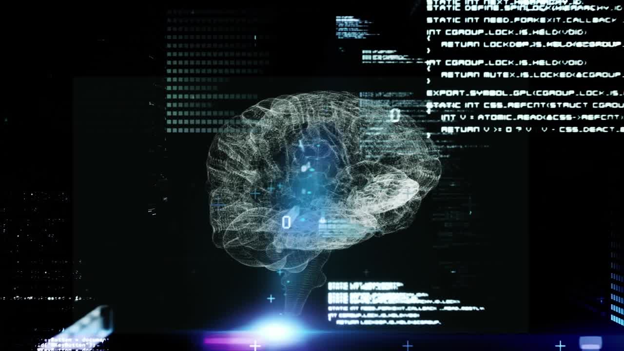 Animation of lens flares, binary codes and programming language over digital brain