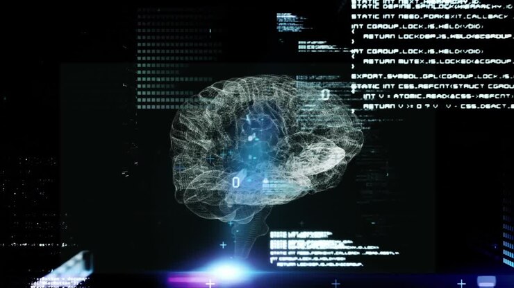 Animation of lens flares, binary codes and programming language over digital brain