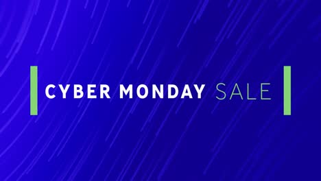 Animation-Eines-Cyber-Monday-Sale-Textbanners-über-Lichtspuren,-Die-Vor-Blauem-Hintergrund-Fallen