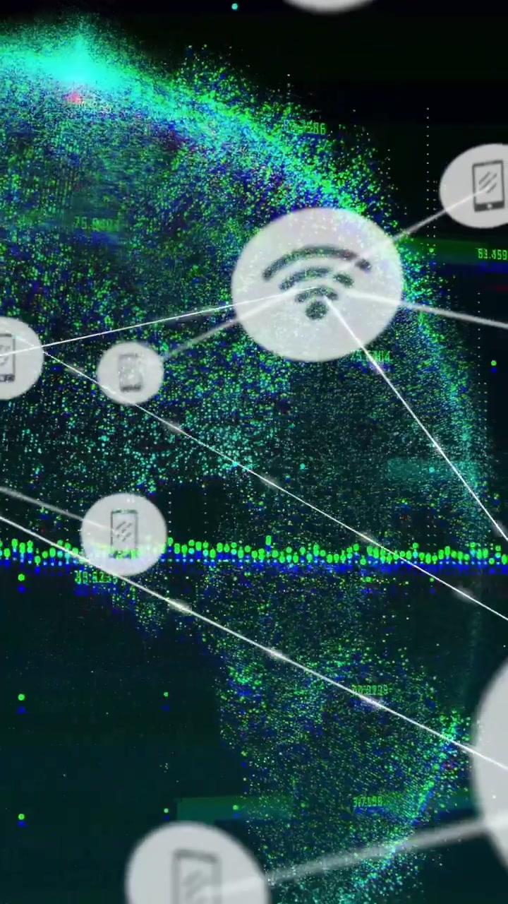 Vertical video: Point-cloud globe sweeping, spawning phone icons and forming global tech network