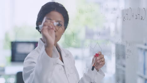 scientists writing on clear visual aid board