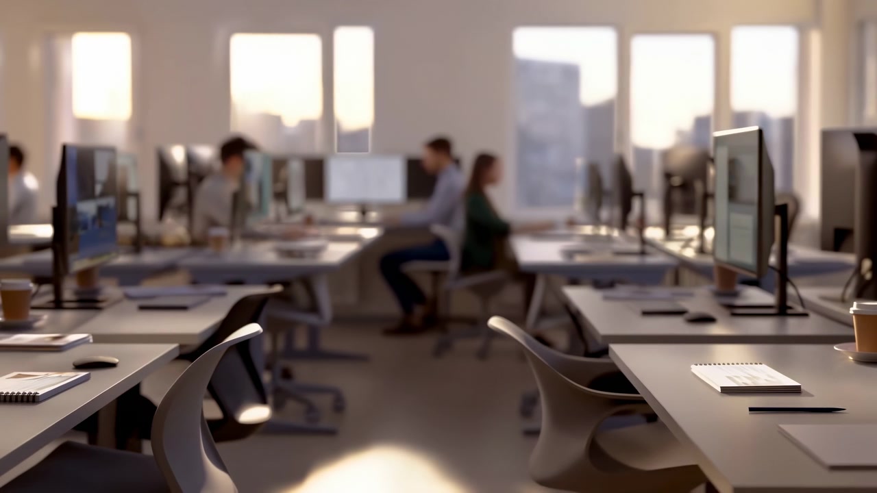 Open plan office interior with rows of minimalist desks, desktop monitors, warm window light, foreground workstation details, neutral tones, and calm corporate atmosphere for productive teamwork