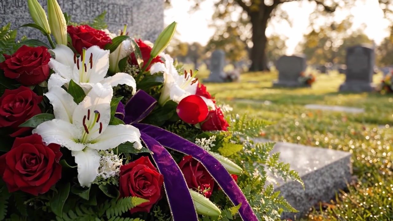 Una splendida composizione floreale catturata in un cimitero sereno, che celebra la vita con rose, gigli e felci in un ambiente pacifico sotto un cielo dorato.