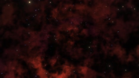 cgi universe zoom by of stars in vast dark red dustlike nebula cloud in deep space, wide view