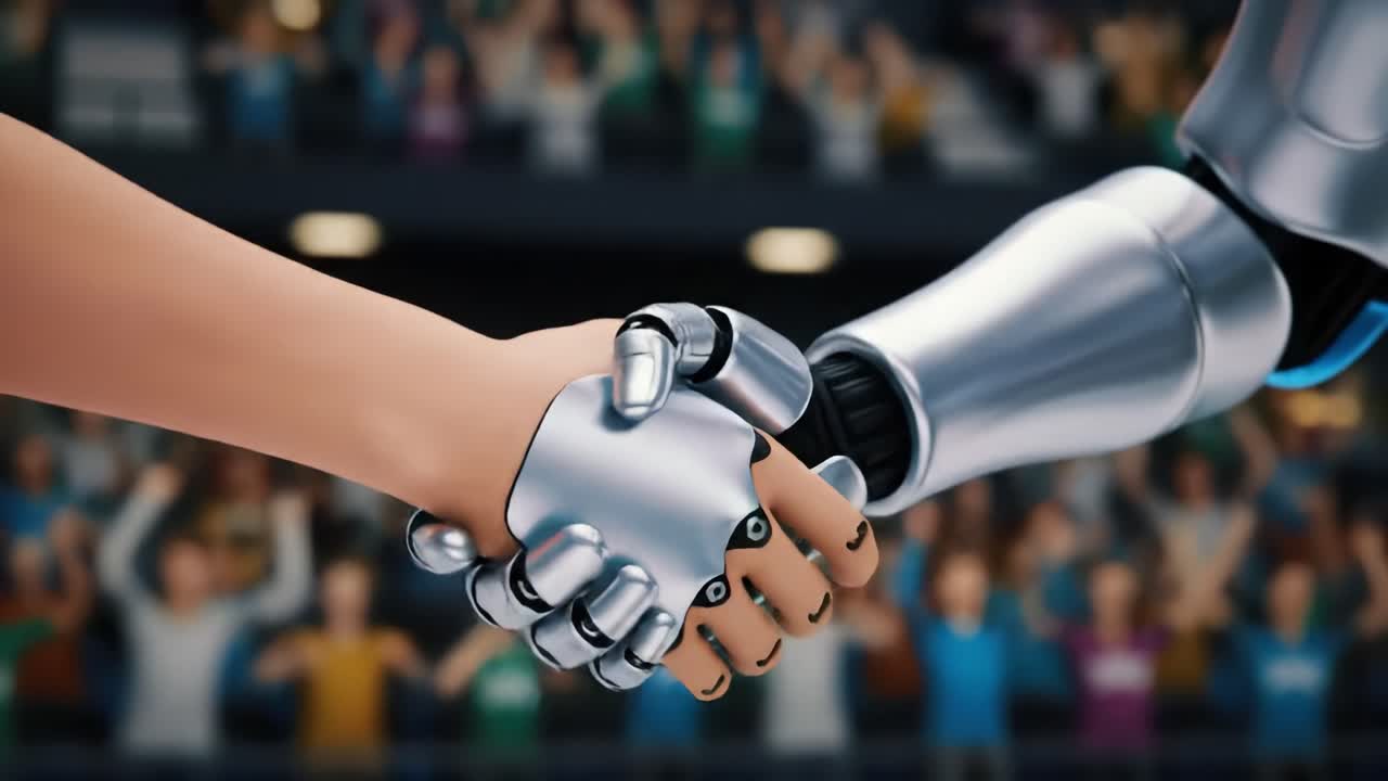 A Historic Moment of Unity: Human and Robot Handshake Celebrating Collaboration and Innovation in a Futuristic Arena Filled with Enthusiastic Spectators