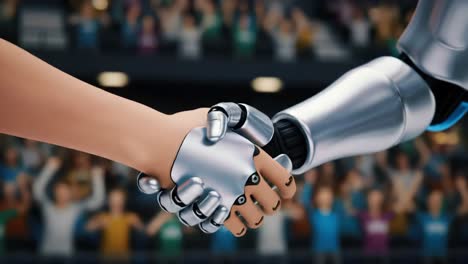 a historic moment of unity: human and robot handshake celebrating collaboration and innovation in a futuristic arena filled with enthusiastic spectators