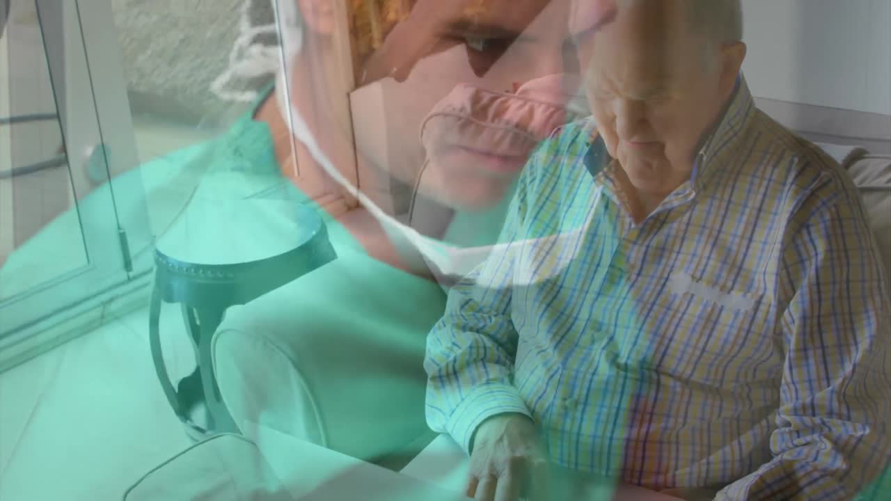 animación de un hombre mayor sobre un médico que usa máscaras protectoras en un hospital.