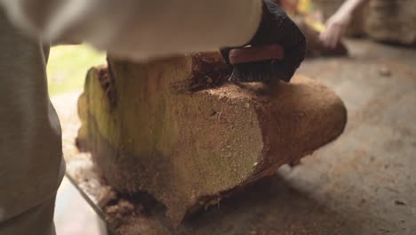 carpenter brushing a log dust in carpentry shop