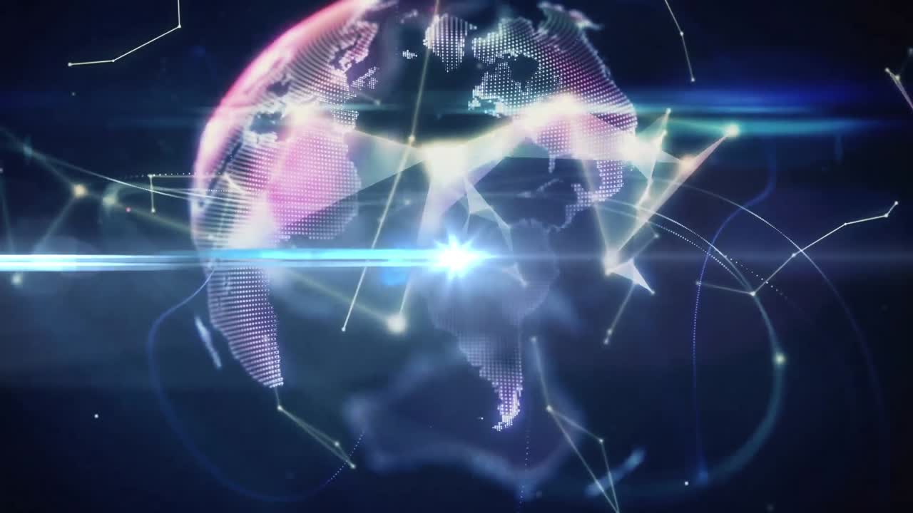 추상적인 배경에 선으로 연결된 점 위에 회전하는 지구의 애니메이션