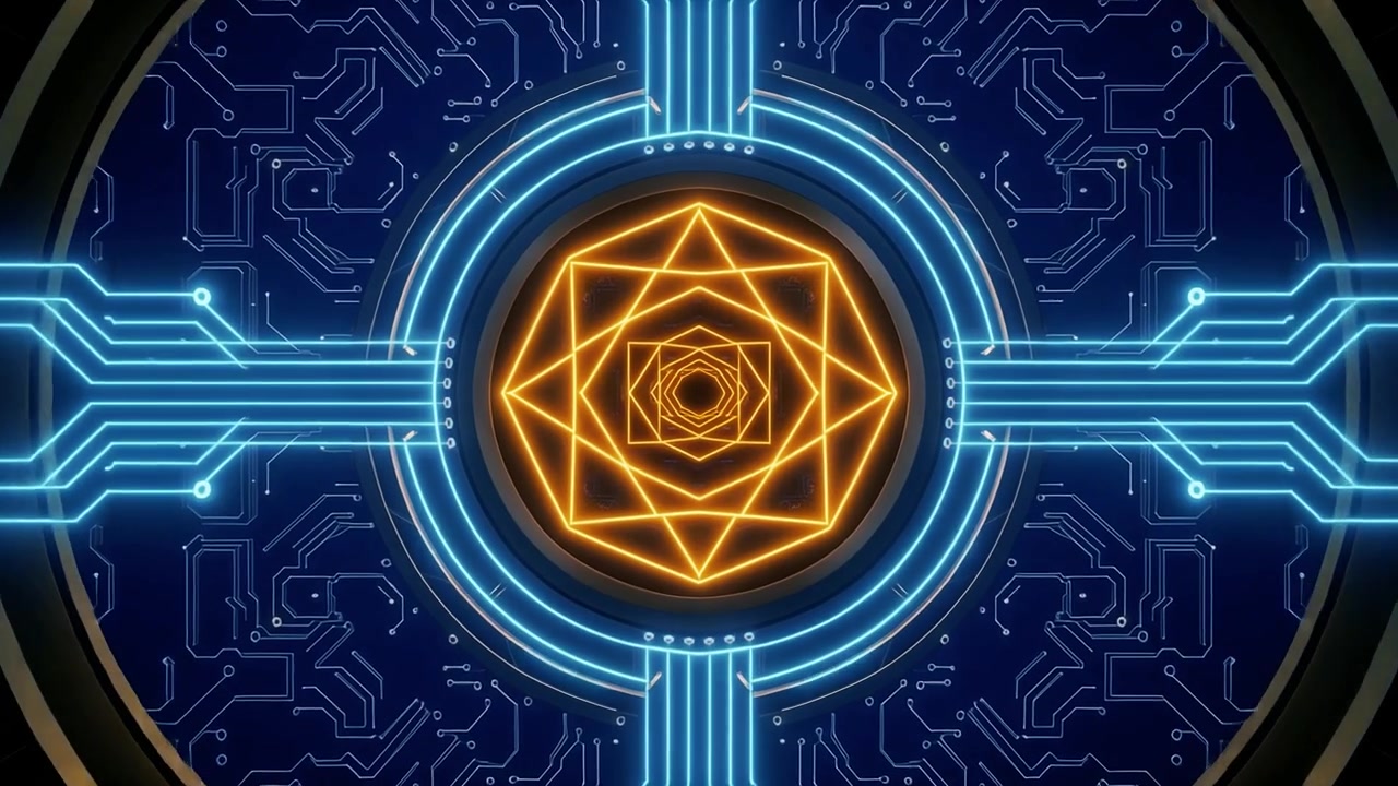 Scheda madre digitale futuristica con motivo geometrico luminoso e flusso di dati