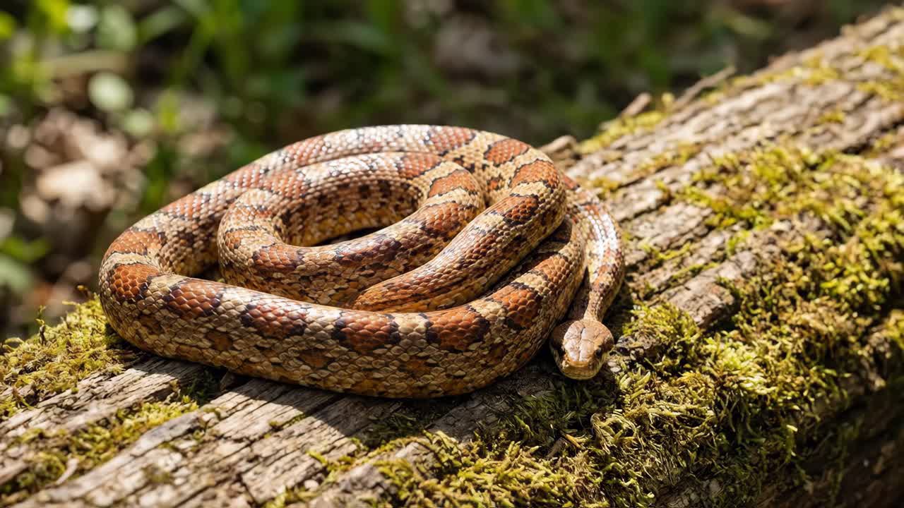 Una mano guantata accarezza delicatamente un serpente del grano su un tronco muschioso