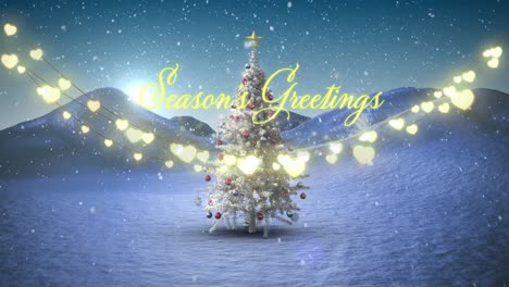 A-digital-animation-of-snow-falling-on-a-christmas-tree-in-a-snowy-landscape