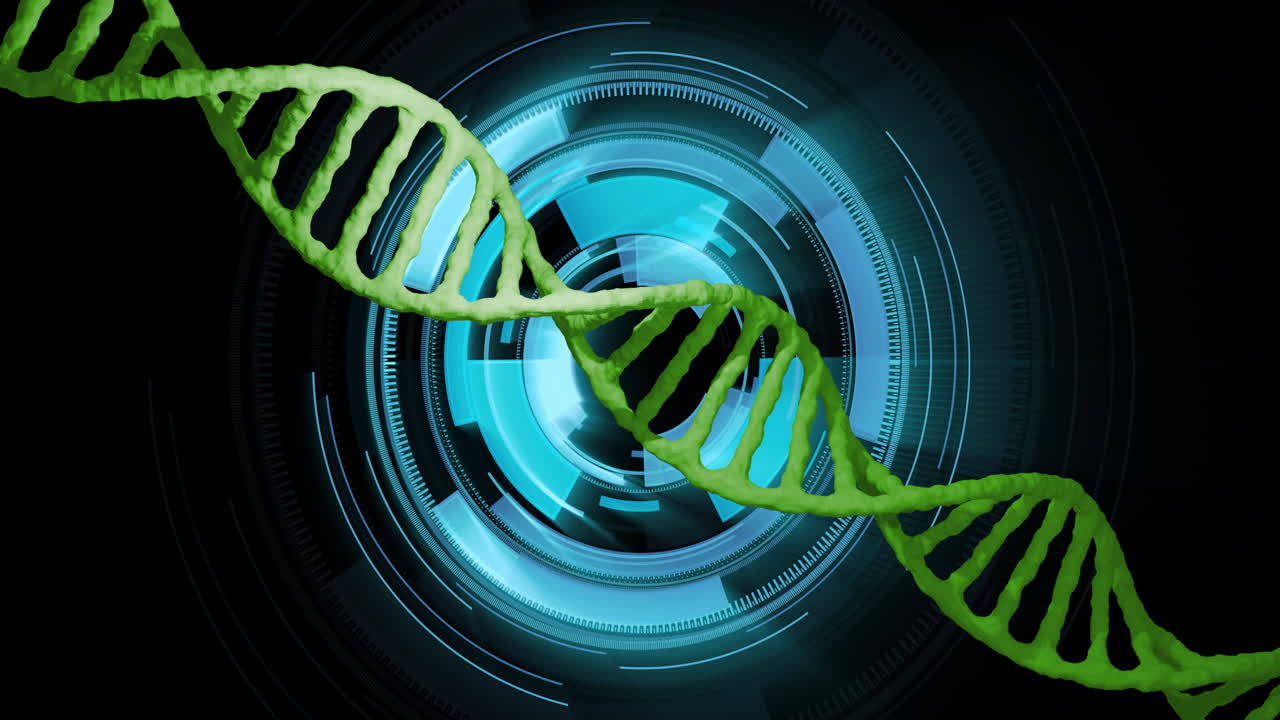 cadena de adn girando sobre la animación de la interfaz digital futurista