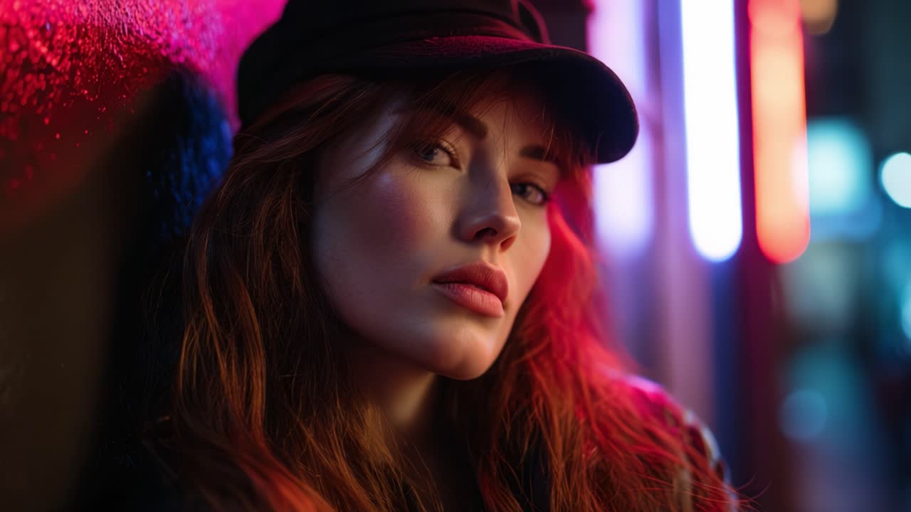 A captivating portrait of a young woman with striking features and vibrant red hair, illuminated by colorful neon lights in an urban nighttime setting