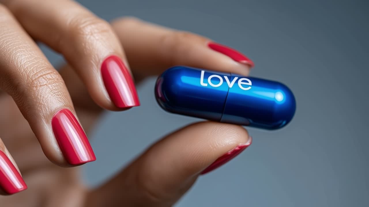 Primo piano di una mano femminile con unghie rosse che tiene una capsula medica blu con la scritta "love".