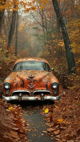 old orange car surrounded by autumn leaves in a forest